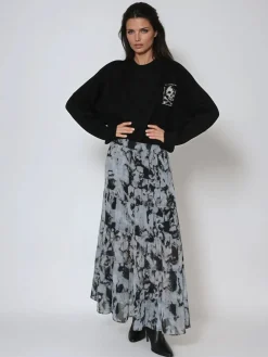 Citrine Tiered Maxi Skirt In Dark Abstract Print*Religion Outlet