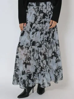 Citrine Tiered Maxi Skirt In Dark Abstract Print*Religion Outlet