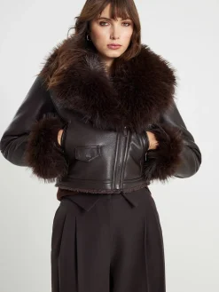 Faux Fur Collar Cropped Biker Jacket*River Island Hot