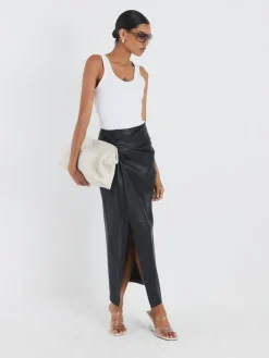 Faux Leather Twist Side Midi Skirt*River Island