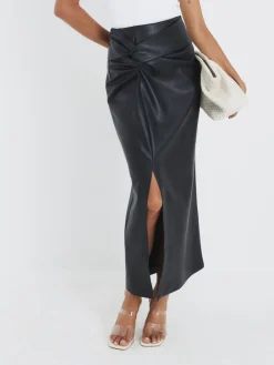 Faux Leather Twist Side Midi Skirt*River Island