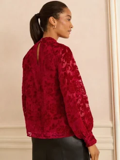 Rode fluweel Devoré - blouse met lange mouwen en striksluiting*Love & Roses Discount