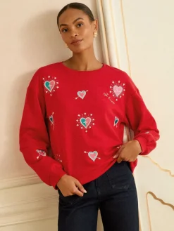 Rode geborduurde hartjes - - Jersey sweatshirt met ronde hals*Love & Roses Online