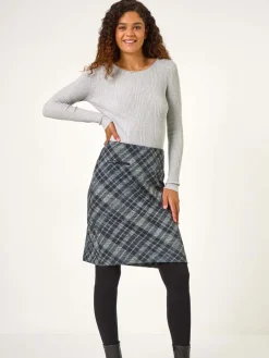 geruite print kokerrok met elastische tailleband en zak*Roman Best