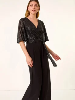 Sequin Flutter Sleeve Stretch Jumpsuit*Roman Outlet