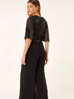 Sequin Flutter Sleeve Stretch Jumpsuit*Roman Outlet
