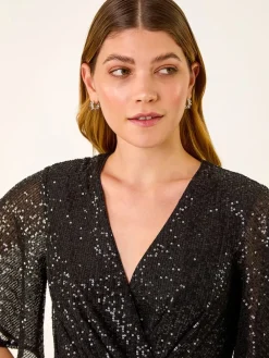 Sequin Flutter Sleeve Stretch Jumpsuit*Roman Outlet