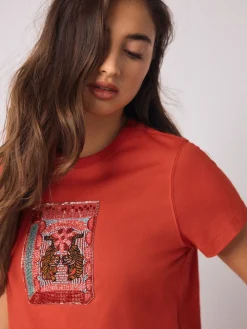 Rood - Embellished Match Box Short Sleeve Crew Neck Top*Next Outlet