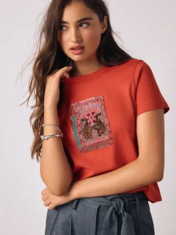 Rood - Embellished Match Box Short Sleeve Crew Neck Top*Next Outlet