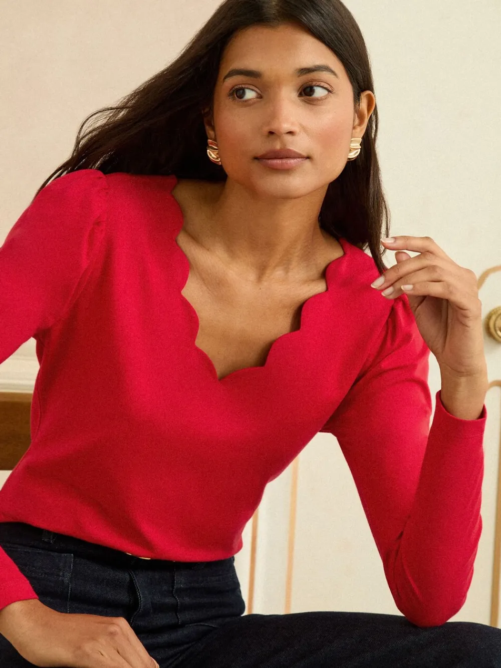 Rood - - Jersey top met lange mouwen en geschulpte V-hals*Love & Roses Discount