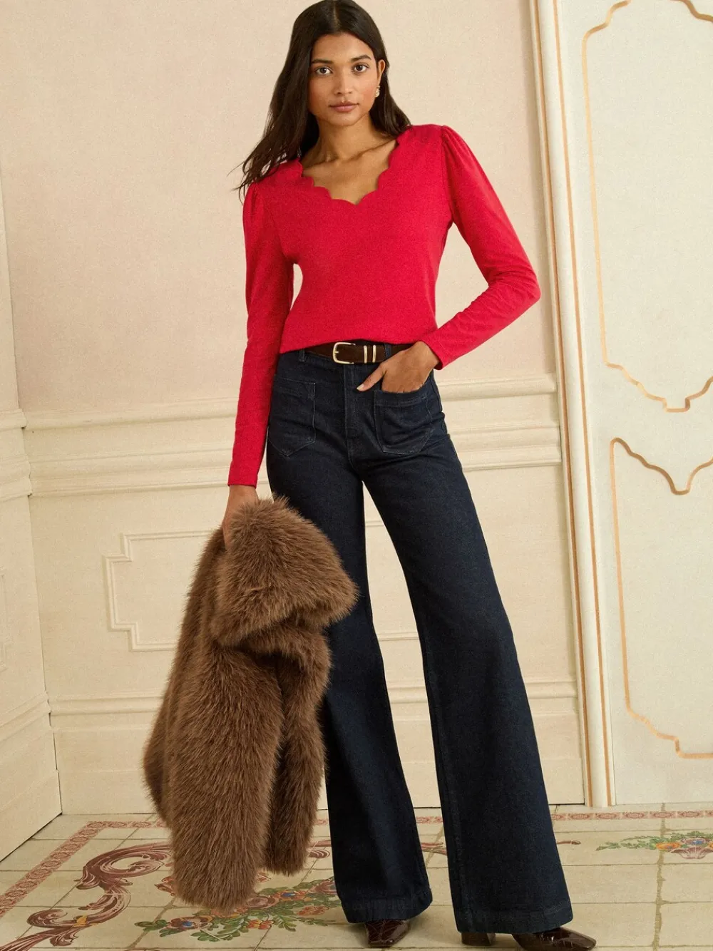 Rood - - Jersey top met lange mouwen en geschulpte V-hals*Love & Roses Discount