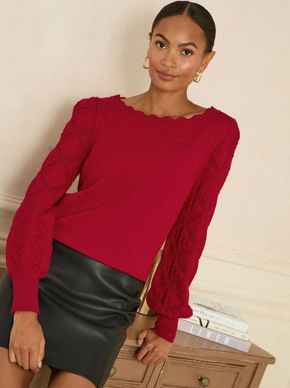 Rood - gebreide trui met noppensteek en geschulpte rand*Love & Roses New