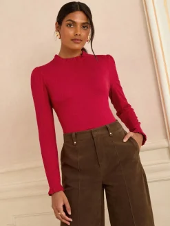 Rood - jersey top met ruches aan de hals en lange mouwen*Love & Roses