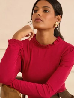 Rood - jersey top met ruches aan de hals en lange mouwen*Love & Roses