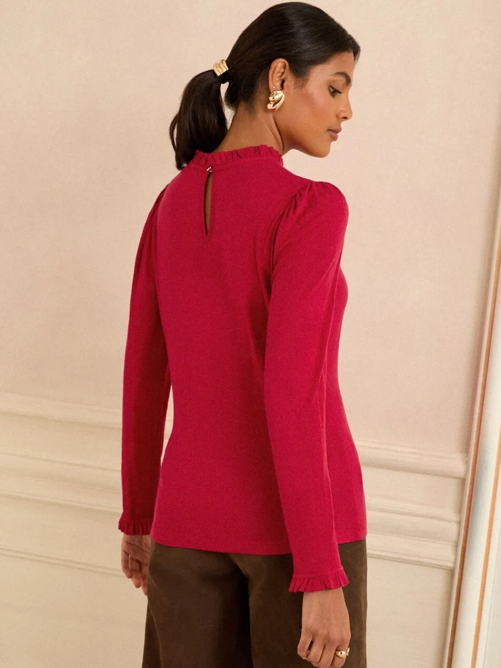 Rood - jersey top met ruches aan de hals en lange mouwen*Love & Roses
