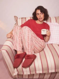 Rood - Met imitatiebont gevoerde suède pantoffelmuiltjes*Next Online