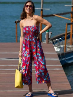 Rood - strandjumpsuit met halflange pijpen en aangrimpeld lijfje*Pour Moi Online