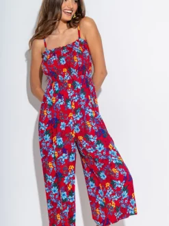 Rood - strandjumpsuit met halflange pijpen en aangrimpeld lijfje*Pour Moi Online