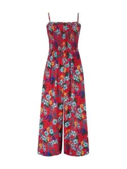 Rood - strandjumpsuit met halflange pijpen en aangrimpeld lijfje*Pour Moi Online