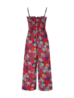 Rood - strandjumpsuit met halflange pijpen en aangrimpeld lijfje*Pour Moi Online