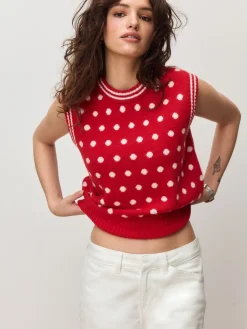 Rood met stippen - Mouwloze gebreide tanktop met wol*Next Hot