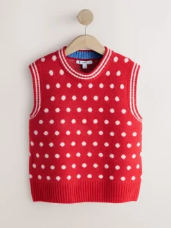 Rood met stippen - Mouwloze gebreide tanktop met wol*Next Hot