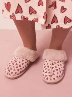 Roze - Heart Faux Fur Lined Suede Mule Slippers*Next Outlet