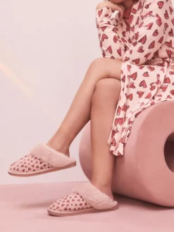 Roze - Heart Faux Fur Lined Suede Mule Slippers*Next Outlet