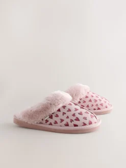 Roze - Heart Faux Fur Lined Suede Mule Slippers*Next Outlet