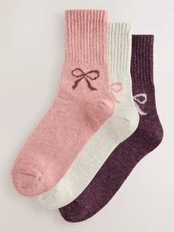 Roze met strikjes - Thermische enkelsokken van wol-zijdemix verpakking van 3*Next Discount