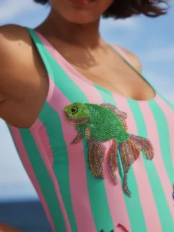 Roze/groene strepen - Beaded Embellished Tummy Control Scoop Swimsuit*Next