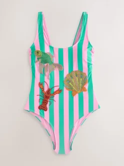 Roze/groene strepen - Beaded Embellished Tummy Control Scoop Swimsuit*Next
