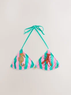 Roze/groene strepen - Beaded Embellished Triangle Bikini Top*Next