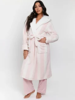 - - Dikke gestreepte midi-badjas met capuchon van sherpa*Loungeable Discount