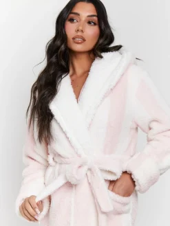 - - Dikke gestreepte midi-badjas met capuchon van sherpa*Loungeable Discount