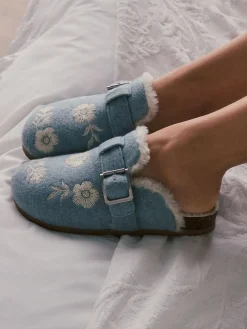 Blue Fur Footbed Embroidered Mule Slippers*Shabby Chic by Rachel Ashwell®