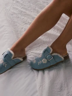 Blue Fur Footbed Embroidered Mule Slippers*Shabby Chic by Rachel Ashwell®