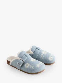 Blue Fur Footbed Embroidered Mule Slippers*Shabby Chic by Rachel Ashwell®