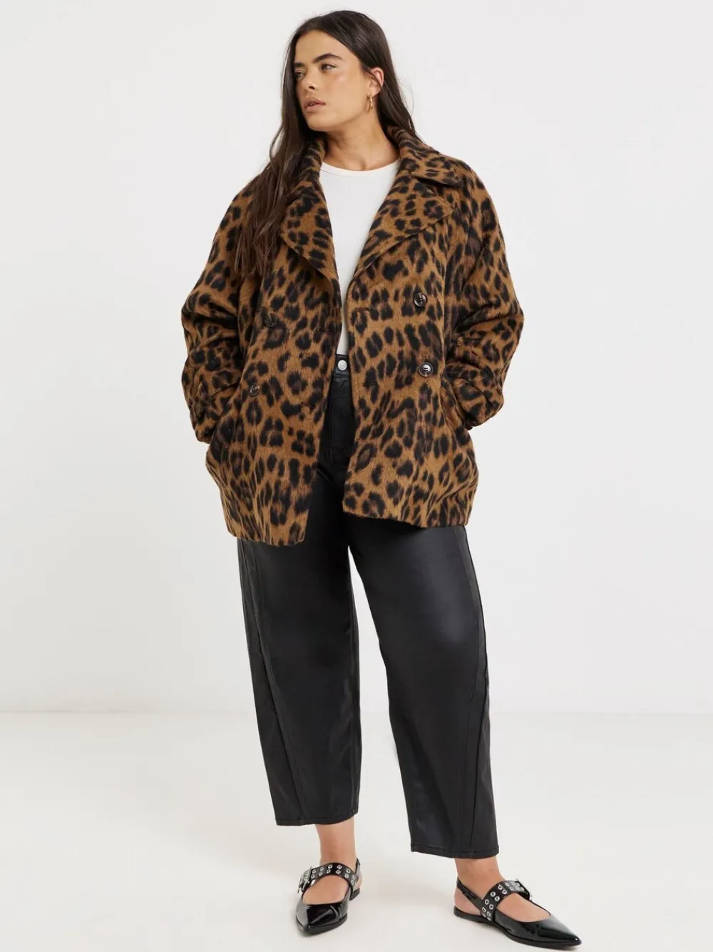 Leopard Print Brushed Faux Wool Pea Coat*Simply Be Clearance