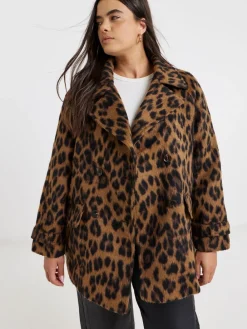 Leopard Print Brushed Faux Wool Pea Coat*Simply Be Clearance