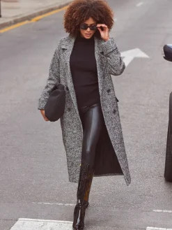 - Lange grijze met zwarte jas van wolmix met visgraatmotief*Sosandar Sale