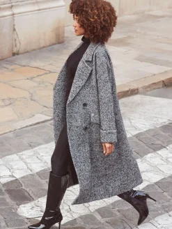 - Lange grijze met zwarte jas van wolmix met visgraatmotief*Sosandar Sale