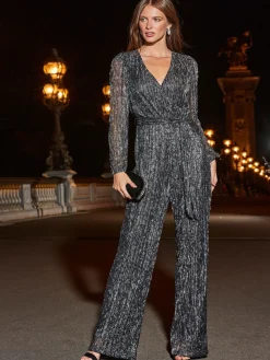 glitter plissé jumpsuit met overslag en wijde pijpen*Sosandar Outlet