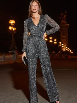 glitter plissé jumpsuit met overslag en wijde pijpen*Sosandar Outlet