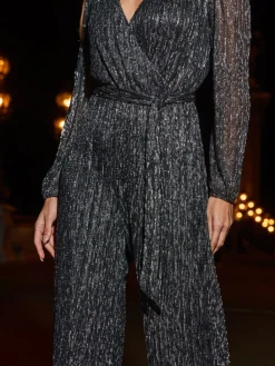glitter plissé jumpsuit met overslag en wijde pijpen*Sosandar Outlet