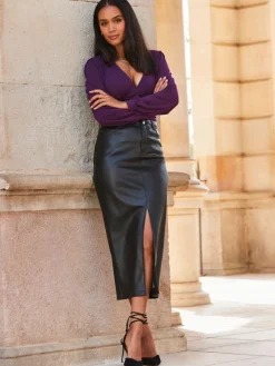 Leather Long Line Pencil Skirt With Split*Sosandar Outlet
