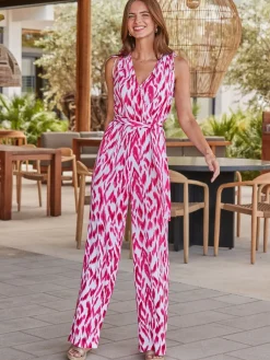 Paradise Print Tie Waist Crinkle Jumpsuit*Sosandar Clearance