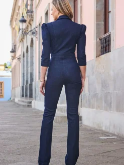 Puff Sleeve Kicklare Denim Jumpsuit*Sosandar