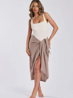 Taupe - - Gekreukte viscose sarong-tuniek met franje*South Beach Best