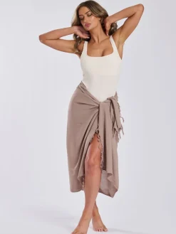 Taupe - - Gekreukte viscose sarong-tuniek met franje*South Beach Best